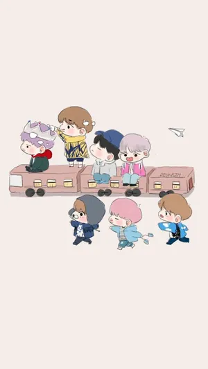 Bts Cartoon With Train Wallpaper