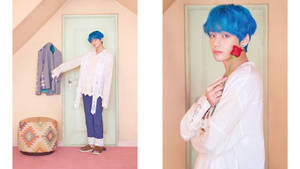 Bts Tae Hyung Against Green Door Wallpaper