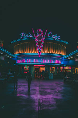 Bustling Atmosphere At Flo's V8 Café In Disney California Adventure Park Wallpaper