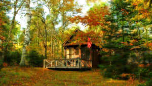 Cabin Autumn Painting Wallpaper