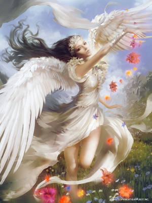 Caption: Ethereal Beauty - Stunning Angels Amongst Blooms Wallpaper