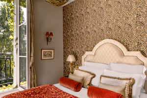 Caption: Luxurious Garden View Hotel Room Wallpaper