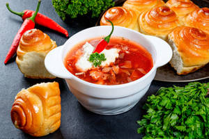 Caption: Traditional Spicy Borscht Soup Served Hot Wallpaper