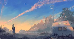 Cartoon Girl Farm Sunrise Wallpaper