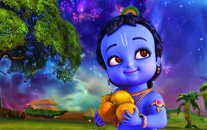 Cartoon Krishna Night Sky Wallpaper