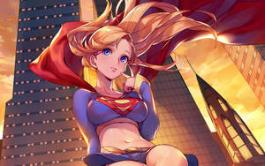 Cartoon Supergirl Under City Buildings Wallpaper
