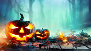 Carved Pumpkin Foggy Forest Wallpaper