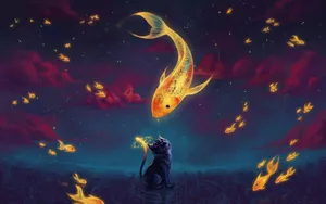 Cat Art Cat And Orange Koi Wallpaper