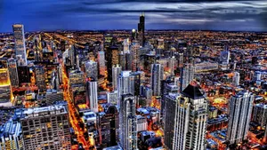 Chicago Skyline Night Aerial Perspective Wallpaper