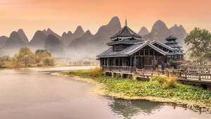 Chinese House On Lake Wallpaper