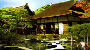 Chinese House With Pond Wallpaper