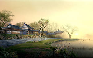 Chinese House With Sunset Wallpaper