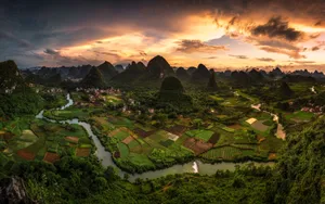 Chinese Houses On Fields Wallpaper