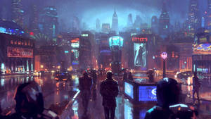 Citizens In Rainy Season In Cyberpunk City Wallpaper