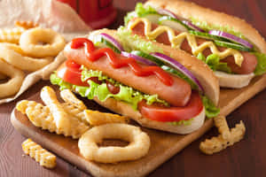 Classic Hot Dogwith Friesand Onion Rings Wallpaper