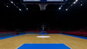 Collegiate Dark Basketball Court Studio Wallpaper