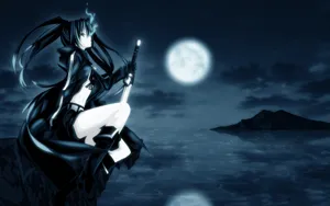 Cool Anime Girl In Black Blue Moon Wallpaper
