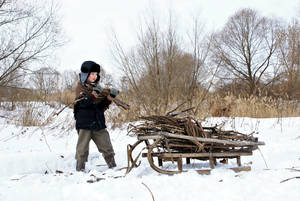 Cool Boy Collecting Woods In Winter Wallpaper