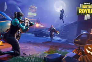 Cool Fortnite Skin Players Fighting Outside Diner Wallpaper