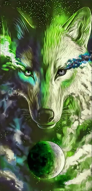 Cool Green Painting Of Galaxy And Wolf Wallpaper
