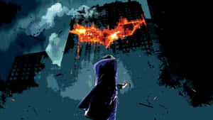 Cool Joker Under Fiery Batman Logo Wallpaper