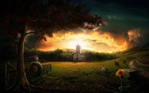 Country Church Sunset Wallpaper