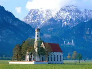Country Church Trees On Mountains Wallpaper