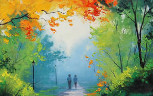 Couple In Autumn Drawing Wallpaper