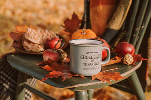 Cozy Autumn White Mug On Stool Wallpaper