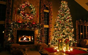 Cozy Christmas Fireplace Big Tree Wallpaper