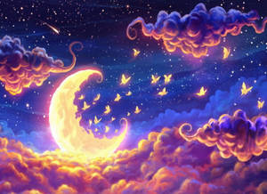 Crescent Moon Night Butterfly Wallpaper