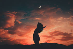 Crescent Moon With Woman Silhouette Wallpaper