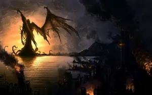 Cthulhu Burning Ocean Sunset Wallpaper