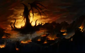 Cthulhu Silhouette Burning Sky Wallpaper