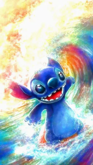 Cute Aesthetic Stitch Surfing In Ocean Wallpaper