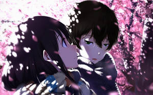 Cute Anime Couple With Cherry Blossoms Wallpaper