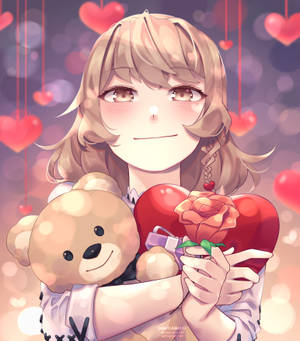 Cute Anime Girl Holding Hear And Bear Wallpaper