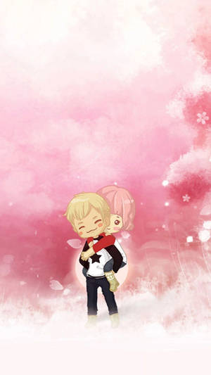 Cute Cartoon Couple Pink Sky Wallpaper