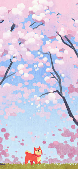 Cute Cartoon Dog Under Cherry Blossom Wallpaper