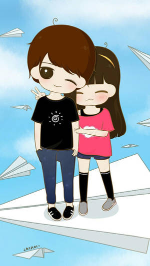 Cute Couple Cartoon Paper Plane Wallpaper