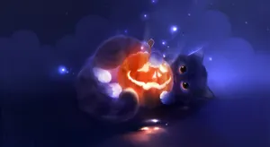 Cute Halloween Cat With Jack O' Lantern Wallpaper