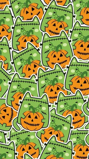 Cute Halloween Iphone Green Cat Pumpkins Wallpaper