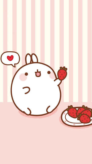 Cute Kawaii Molang With Strawberries Wallpaper