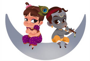 Cute Radha Krishna Crescent Moon Art Wallpaper