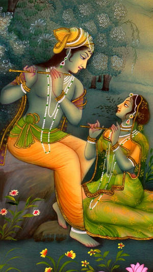 Cute Radha Krishna Green Art Wallpaper