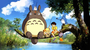 Cute Retro Anime Aesthetic Totoro Fishing Wallpaper