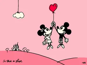 Cute Valentines Minnie And Mickey Pink Digital Drawing Wallpaper
