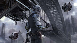 Cybernetic Police Patrol Futuristic Cityscape Wallpaper