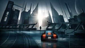 Cyberpunk City Sports Car On Road Wallpaper