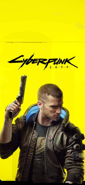 Cyberpunk2077 Character With Gun Phone Wallpaper Wallpaper